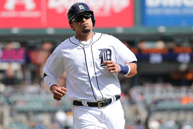 DETROIT, MI - APRIL 12: Victor Martinez #41 of the Detroit Tigers scores on the double by J.D. Martinez (not in photo) during the sixth inning of the inter-league game against the Pittsburgh Pirates on April 12, 2016 at Comerica Park in Detroit, Michigan. (Photo by Leon Halip/Getty Images)