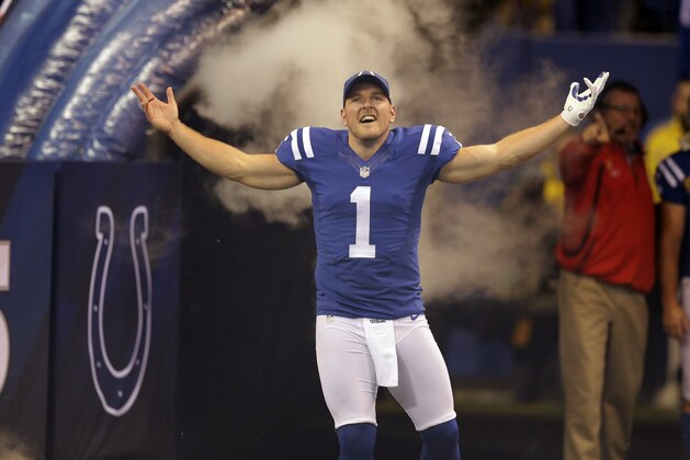 Indianapolis Colts punter Pat McAfee (1) takes the field before an NFL football game against the Tampa Bay Buccaneers in Indianapolis, Sunday, Nov. 29, 2015. (AP Photo/Michael Conroy)