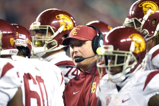 SANTA CLARA, CA - DECEMBER 05:  Head coach Clay Helton of the USC Trojans talks with his players while there's a time-out against the Stanford Cardinal during the second quarter of the NCAA Pac-12 Championship game at Levi's Stadium on December 5, 2015 in Santa Clara, California.  (Photo by Thearon W. Henderson/Getty Images)