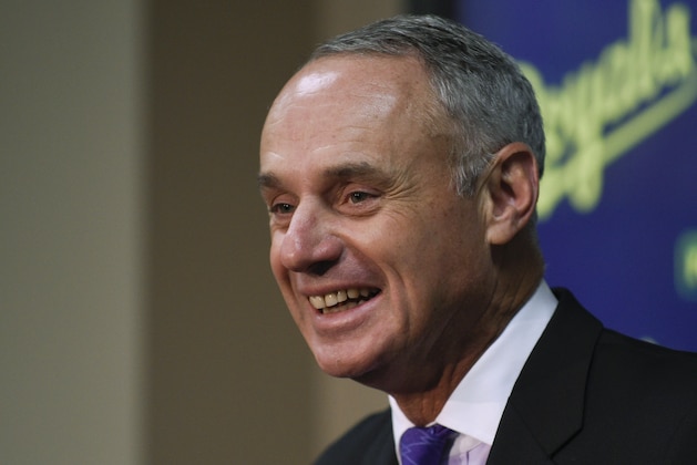KANSAS CITY, MO - APRIL 5:  Major League Baseball commissioner Rob Manfred talks with media prior to a game between the New York Mets and Kansas City Royals at Kauffman Stadium on April 5, 2016 in Kansas City, Missouri. (Photo by Ed Zurga/Getty Images)