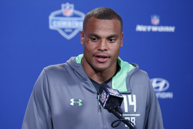 INDIANAPOLIS, IN - FEBRUARY 25: Quarterback Dak Prescott #14 of Mississippi State speaks to the media during the 2016 NFL Scouting Combine at Lucas Oil Stadium on February 25, 2016 in Indianapolis, Indiana. (Photo by Joe Robbins/Getty Images) INDIANAPOLIS, IN - FEBRUARY 25: Quarterback Dak Prescott #14 of Mississippi State speaks to the media during the 2016 NFL Scouting Combine at Lucas Oil Stadium on February 25, 2016 in Indianapolis, Indiana. (Photo by Joe Robbins/Getty Images)