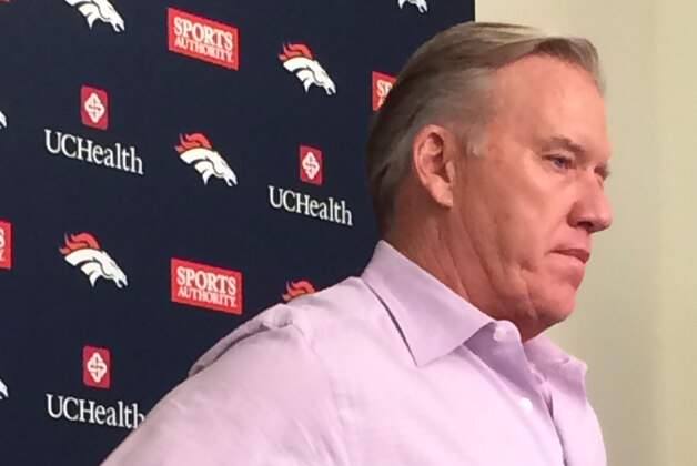 Denver Broncos general manager John Elway pauses during an NFL football news conference Thursday, April 21, 2016, in Englewood, Colo. The Broncos  have the 32nd pick in the first round in next week's NFL draft in Chicago. (AP Photo/Arnie Stapleton)