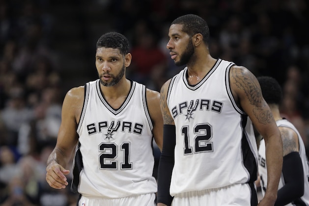 San Antonio Spurs forward Tim Duncan (21) and forward LaMarcus Aldridge (12) during the second half in Game 2 of a first-round NBA basketball playoff series against the Memphis Grizzlies, Tuesday, April 19, 2016, in San Antonio. (AP Photo/Eric Gay)