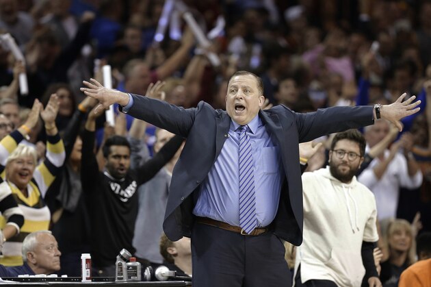 Chicago Bulls coach Tom Thibodeau reacts during the first half of Game 5 against the Cleveland Cavaliers in a second-round NBA basketball playoff series Tuesday, May 12, 2015, in Cleveland. (AP Photo/Tony Dejak)