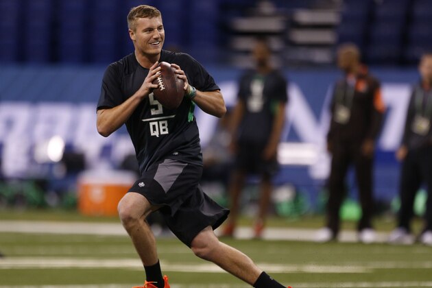 Feb 27, 2016; Indianapolis, IN, USA; Michigan State Spartans quarterback Connor Cook throws a pass during the 2016 NFL Scouting Combine at Lucas Oil Stadium. Mandatory Credit: Brian Spurlock-USA TODAY Sports