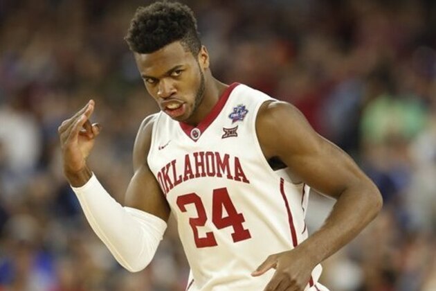 Oklahoma's Buddy Hield reacts to a three point basket during the first half of the NCAA Final Four tournament college basketball semifinal game against Villanova, Saturday, April 2, 2016, in Houston. (AP Photo/Eric Gay)