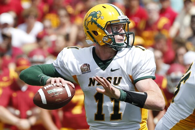 AMES, IA - AUGUST 30: Quarterback Carson Wentz #11 of the North Dakota State Bison throws the ball in the second half of play against the Iowa State Cyclones at Jack Trice Stadium on August 30, 2014 in Ames, Iowa. North Dakota State defeated Iowa State 34-14. (Photo by David K Purdy/Getty Images)