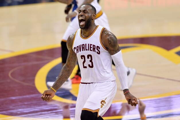 Apr 20, 2016; Cleveland, OH, USA; Cleveland Cavaliers forward LeBron James (23) celebrates after a stoppage in play against the Detroit Pistons during the second quarter in game two of the first round of the NBA Playoffs at Quicken Loans Arena. Mandatory Credit: Ken Blaze-USA TODAY Sports Apr 20, 2016; Cleveland, OH, USA; Cleveland Cavaliers forward LeBron James (23) celebrates after a stoppage in play against the Detroit Pistons during the second quarter in game two of the first round of the NBA Playoffs at Quicken Loans Arena. Mandatory Credit: Ken Blaze-USA TODAY Sports