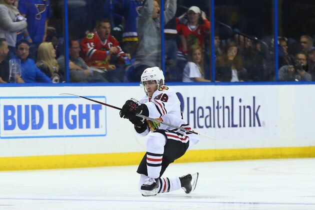 ST. LOUIS, MO - APRIL 21: Patrick Kane #88 of the Chicago Blackhawks celebrates after scoring the game-winning goal against the St. Louis Blues in Game Five of the Western Conference First Round during the 2016 NHL Stanley Cup Playoffs at the Scottrade Center on April 21, 2016 in St. Louis, Missouri. The Blackhawks beat the Blues 4-3 in double overtime. (Photo by Dilip Vishwanat/ Getty Images) ST. LOUIS, MO - APRIL 21: Patrick Kane #88 of the Chicago Blackhawks celebrates after scoring the game-winning goal against the St. Louis Blues in Game Five of the Western Conference First Round during the 2016 NHL Stanley Cup Playoffs at the Scottrade Center on April 21, 2016 in St. Louis, Missouri. The Blackhawks beat the Blues 4-3 in double overtime. (Photo by Dilip Vishwanat/ Getty Images)