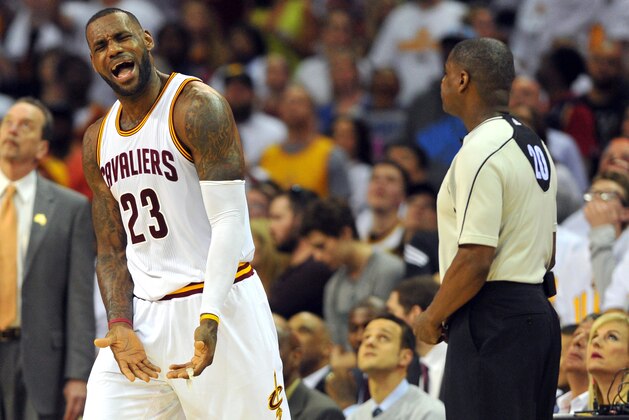 Apr 17, 2016; Cleveland, OH, USA; Cleveland Cavaliers forward LeBron James (23) complains to referee Leroy Richardson (20) during the fourth quarter in game one of the first round of the NBA Playoffs at Quicken Loans Arena. The Cavs beat the Pistons 106-101. Mandatory Credit: Ken Blaze-USA TODAY Sports