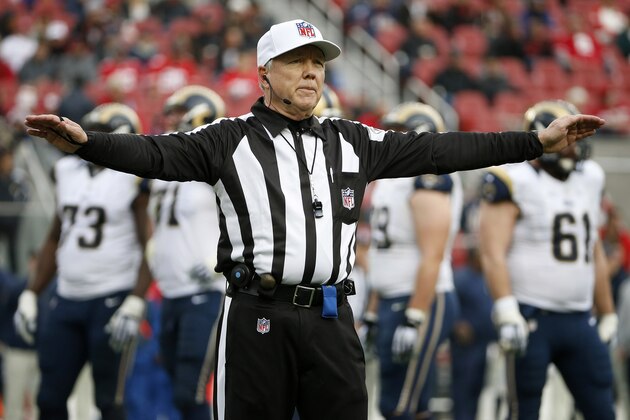 NFL referee Walt Coleman during an NFL football game between the San Francisco 49ers and the St. Louis Rams in Santa Clara, Calif., Sunday, Jan. 3, 2016. (AP Photo/Tony Avelar)