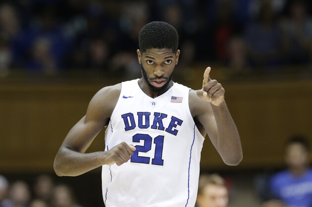 Duke's Amile Jefferson (21) reacts following a basket against Yale during the second half of an NCAA college basketball game in Durham, N.C., Wednesday, Nov. 25, 2015. Duke won 80-61. (AP Photo/Gerry Broome)