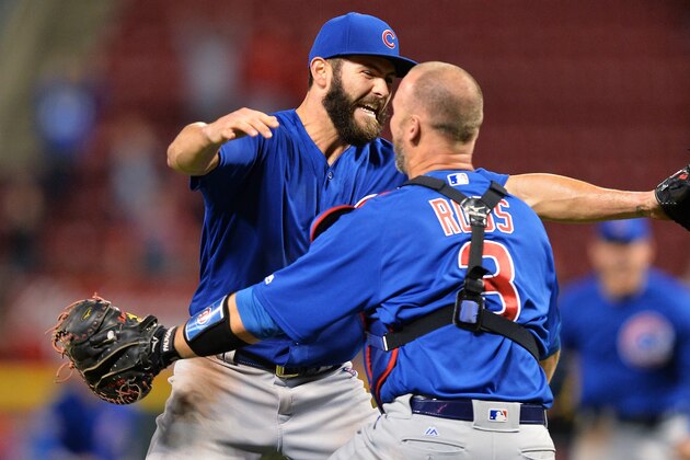 CINCINNATI, OH - APRIL 21:  Jake Arrieta #49 of the Chicago Cubs celebrates with catcher David Ross #3 of the Chicago Cubs after throwing a no-hitter against the Cincinnati Reds at Great American Ball Park on April 21, 2016 in Cincinnati, Ohio. Chicago defeated Cincinnati 16-0.  (Photo by Jamie Sabau/Getty Images)