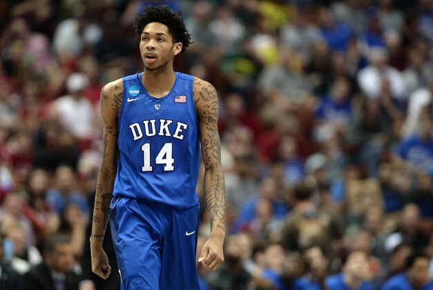 March 24, 2016; Anaheim, CA, USA; Duke Blue Devils guard Brandon Ingram (14) reacts against Oregon Ducks during the first half  of the semifinal game in the West regional of the NCAA Tournament at Honda Center. Mandatory Credit: Robert Hanashiro-USA TODAY Sports