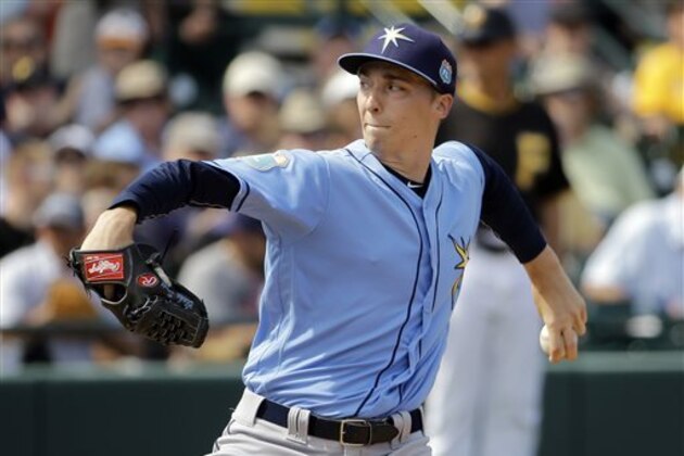 FILE - In this March 11, 2016, file photo, Tampa Bay Rays starting pitcher Blake Snell delivers against the Pittsburgh Pirates during the fifth inning of a spring training baseball game in Bradenton, Fla. When it comes to the next generation of baseball stars, another wave of shortstops is forming on the horizon. A couple of tough lefties are coming, too. (AP Photo/Chris O'Meara, File)