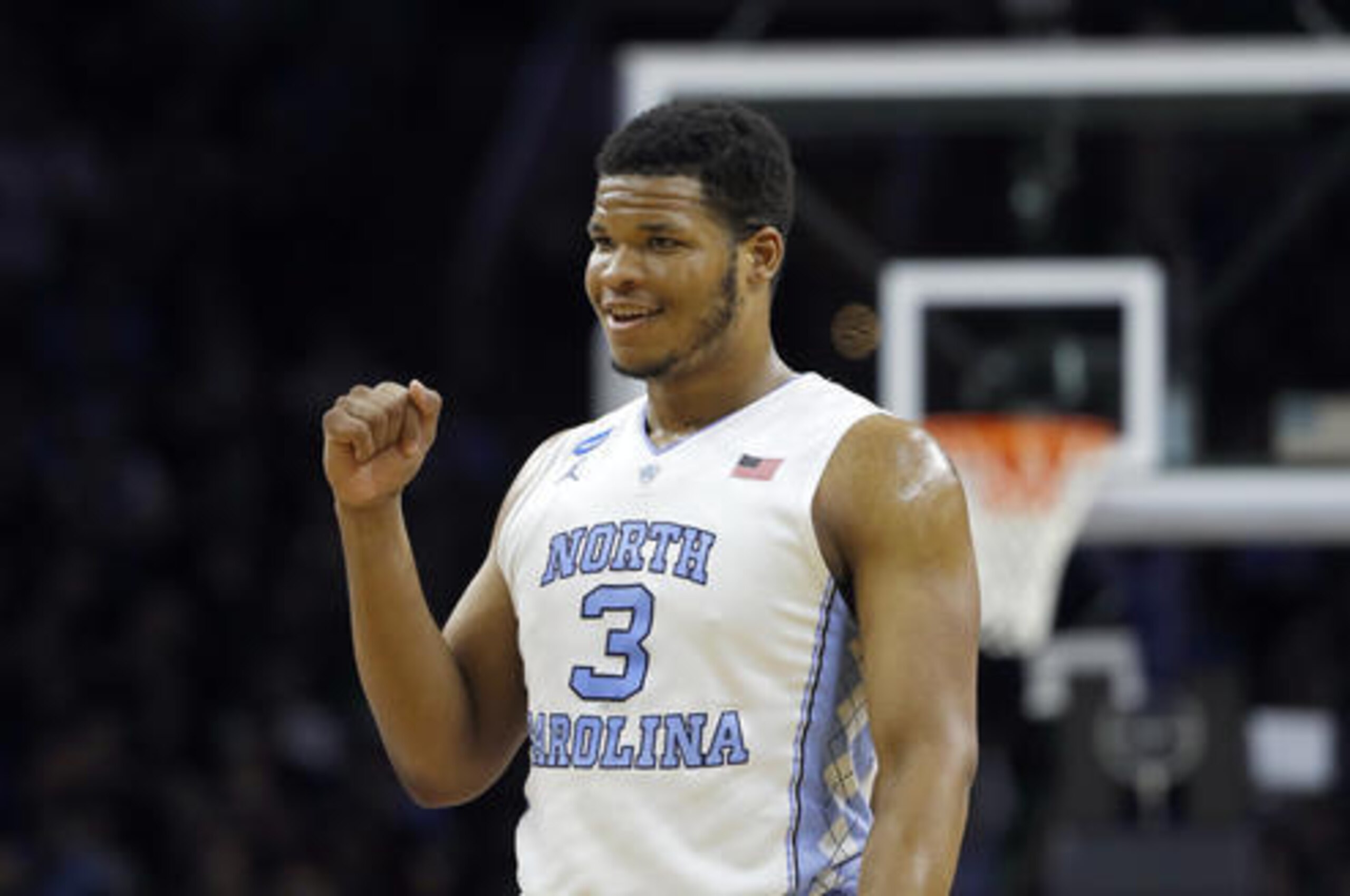 North Carolina's Kennedy Meeks reacts during the second half of a regional final men's college basketball game against Notre Dame in the NCAA Tournament, Sunday, March 27, 2016, in Philadelphia. (AP Photo/Matt Rourke)