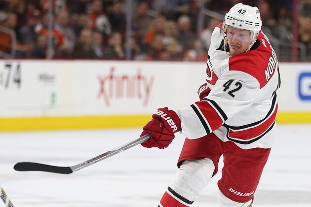 PHILADELPHIA, PA - DECEMBER 15: Joakim Nordstrom #42 of the Carolina Hurricanes in action against the Philadelphia Flyers at Wells Fargo Center on December 15, 2015 in Philadelphia, Pennsylvania. (Photo by Patrick Smith/Getty Images) PHILADELPHIA, PA - DECEMBER 15: Joakim Nordstrom #42 of the Carolina Hurricanes in action against the Philadelphia Flyers at Wells Fargo Center on December 15, 2015 in Philadelphia, Pennsylvania. (Photo by Patrick Smith/Getty Images)