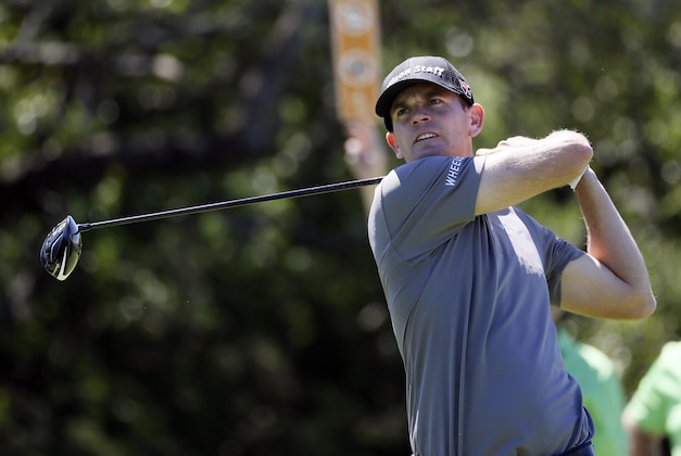 Apr 22, 2016; San Antonio, TX, USA; Brendan Steele watches his drive on the 9th hole during the second round of the 2016 Valero Texas Open at TPC San Antonio - AT&T Oaks Course. Mandatory Credit: Soobum Im-USA TODAY Sports