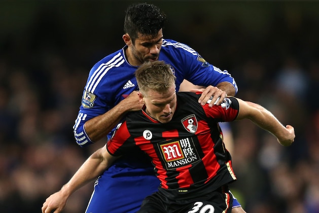 Chelsea's Brazilian-born Spanish striker Diego Costa (L) vies with Bournemouth's English midfielder Matt Ritchie during the English Premier League football match between Chelsea and Bournemouth at Stamford Bridge in London on December 5, 2015.   AFP PHOTO / JUSTIN TALLIS

RESTRICTED TO EDITORIAL USE. No use with unauthorized audio, video, data, fixture lists, club/league logos or 'live' services. Online in-match use limited to 75 images, no video emulation. No use in betting, games or single club/league/player publications. / AFP / JUSTIN TALLIS        (Photo credit should read JUSTIN TALLIS/AFP/Getty Images)