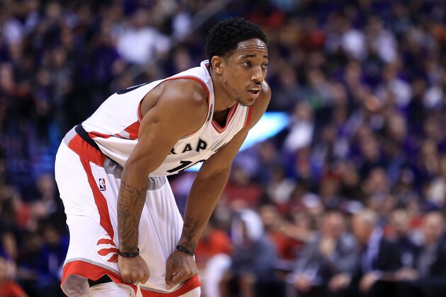 TORONTO, ON - APRIL 18:  DeMar DeRozan #10 of the Toronto Raptors looks on during a free-throw attempt in the second half of Game Two against the Indiana Pacers of the Eastern Conference Quarterfinals during the 2016 NBA Playoffs at the Air Canada Centre on April 18, 2016 in Toronto, Ontario, Canada.  NOTE TO USER: User expressly acknowledges and agrees that, by downloading and or using this photograph, User is consenting to the terms and conditions of the Getty Images License Agreement.  (Photo by Vaughn Ridley/Getty Images)