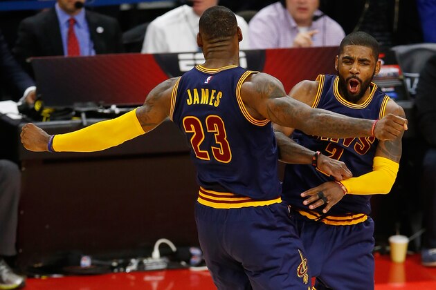 AUBURN HILLS, MI - April 22: Kyrie Irving #2 of the Cleveland Cavaliers celebrates his late fourth quarter three pointer with LeBron James #23 while playing the Detroit Pistons in game three of the NBA Eastern Conference quarterfinals at the Palace of Auburn Hills on April 22, 2016 in Auburn Hills, Michigan. NOTE TO USER: User expressly acknowledges and agrees that, by downloading and or using this photograph, User is consenting to the terms and conditions of the Getty Images License Agreement. (Photo by Gregory Shamus/Getty Images) AUBURN HILLS, MI - April 22: Kyrie Irving #2 of the Cleveland Cavaliers celebrates his late fourth quarter three pointer with LeBron James #23 while playing the Detroit Pistons in game three of the NBA Eastern Conference quarterfinals at the Palace of Auburn Hills on April 22, 2016 in Auburn Hills, Michigan. NOTE TO USER: User expressly acknowledges and agrees that, by downloading and or using this photograph, User is consenting to the terms and conditions of the Getty Images License Agreement. (Photo by Gregory Shamus/Getty Images)