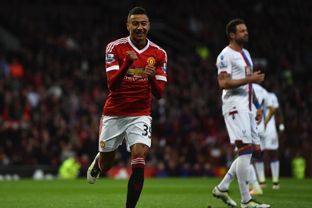 MANCHESTER, ENGLAND - APRIL 20:  Jesse Lingard of Manchester United celebrates the opening goal during the Barclays Premier League match between Manchester United and Crystal Palace at Old Trafford on April 20, 2016 in Manchester, England.  (Photo by Laurence Griffiths/Getty Images)