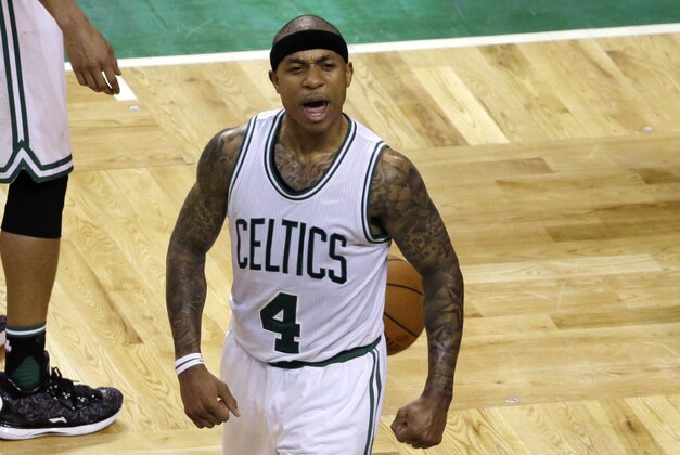 Boston Celtics guard Isaiah Thomas (4) reacts as fans cheer, during the fourth quarter against the Atlanta Hawks in Game 3 of a first-round NBA basketball playoff series Friday, April 22, 2016, in Boston. The Celtics won 111-103. Thomas finished with a career-high 42 points. (AP Photo/Elise Amendola)