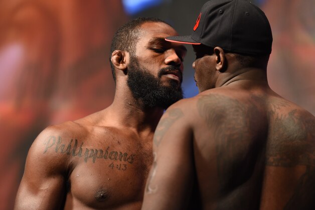 LAS VEGAS, NV - APRIL 22:  (L-R) Jon Jones and Ovince Saint Preux face off during the UFC 197 weigh-in at MGM Grand Garden Arena on April 22, 2016 in Las Vegas, Nevada. (Photo by Jeff Bottari/Zuffa LLC/Zuffa LLC via Getty Images)