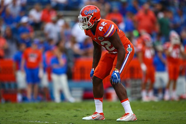 GAINESVILLE, FL - OCTOBER 03: Keanu Neal #42 of the Florida Gators in action before the game against the Mississippi Rebels on October 3, 2015 in Gainesville, Florida.  (Photo by Rob Foldy/Getty Images)