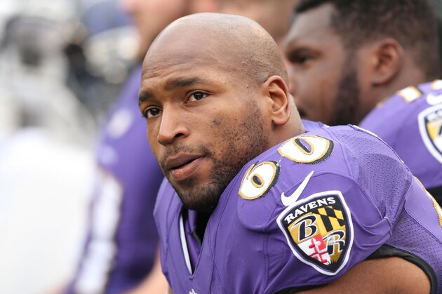 Dec 14, 2014; Baltimore, MD, USA; Baltimore Ravens tackle Eugene Monroe (60) during the game against the Jacksonville Jaguars at M&T Bank Stadium. Mandatory Credit: Mitch Stringer-USA TODAY Sports