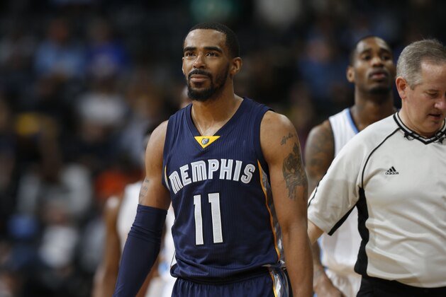 Memphis Grizzlies guard Mike Conley (11) in the second half of an NBA basketball game Monday, Feb. 29, 2016, in Denver. Memphis won 103-96. (AP Photo/David Zalubowski)