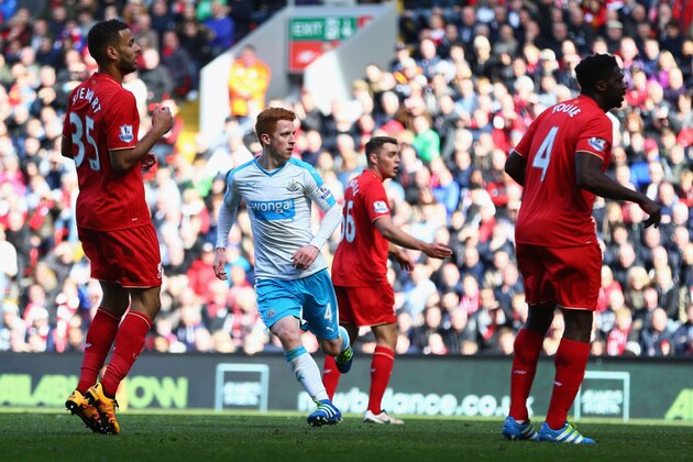 LIVERPOOL, ENGLAND - APRIL 23: Jack Colback of Newcastle United celebrates after scoring his sides second goal during the Barclays Premier League match between Liverpool and Newcastle United at Anfield on April 23, 2016 in Liverpool, United Kingdom.  (Photo by Clive Brunskill/Getty Images)