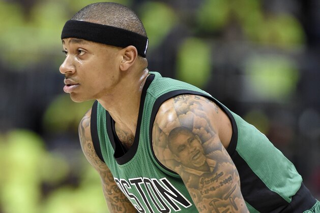 Apr 16, 2016; Atlanta, GA, USA; Boston Celtics guard Isaiah Thomas (4) waits for an inbound ball against the Atlanta Hawks during the first half in game one of the first round of the NBA Playoffs at Philips Arena. Mandatory Credit: John David Mercer-USA TODAY Sports