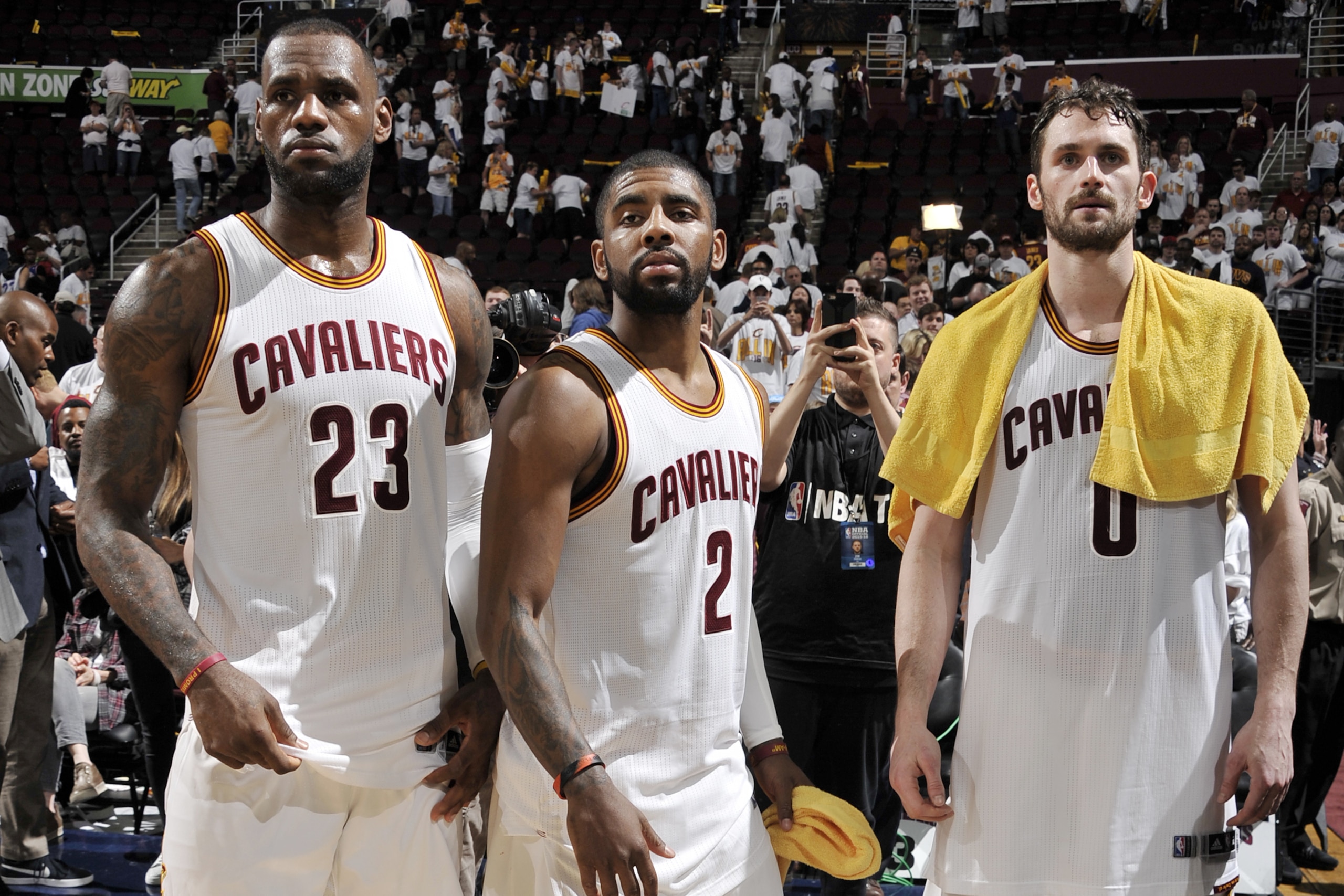 CLEVELAND, OH - APRIL 17: LeBron James #23 and Kyrie Irving #2 and Kevin Love #0 of the Cleveland Cavaliers are seen after the game against the Detroit Pistons in Game One of the Eastern Conference Quarterfinals during the 2016 NBA Playoffs at The Quicken Loans Arena on April 17, 2016 in Cleveland, Ohio. NOTE TO USER: User expressly acknowledges and agrees that, by downloading and/or using this Photograph, user is consenting to the terms and conditions of the Getty Images License Agreement. Mandatory Copyright Notice: Copyright 2016 NBAE (Photo by David Liam Kyle/NBAE via Getty Images)