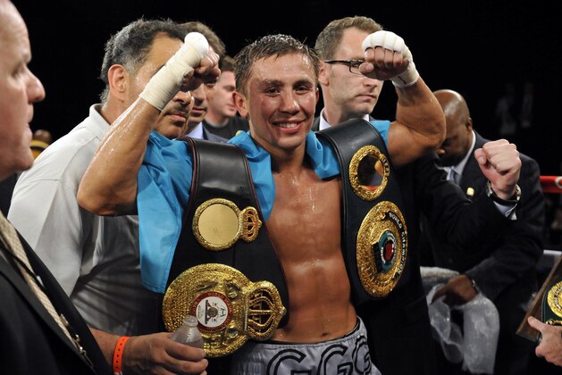 Nov 2, 2013; New York, NY, USA; Gennady Golovkin celebrates his victory over Curtis Stevens after their middleweight world championship bout at The Theater at Madison Square Garden. Golovkin won after the fight was stopped after the eighth round. Mandatory Credit: Joe Camporeale-USA TODAY Sports