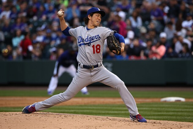 DENVER, CO - APRIL 23:  Starting pitcher Kenta Maeda #18 of the Los Angeles Dodgers works against the Colorado Rockies at Coors Field on April 23, 2016 in Denver, Colorado. Maeda earned the win as the Dodgers defeated the Rockies 4-1.  (Photo by Doug Pensinger/Getty Images)