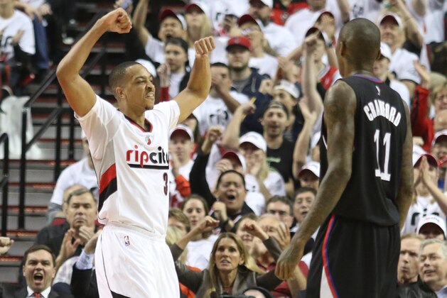 Apr 23, 2016; Portland, OR, USA; Portland Trail Blazers guard C.J. McCollum (3) reacts after scoring against the Los Angeles Clippers in game three of the first round of the NBA Playoffs at Moda Center at the Rose Quarter. Mandatory Credit: Jaime Valdez-USA TODAY Sports