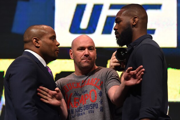 LAS VEGAS, NV - MARCH 04:  (L-R) Opponents Daniel Cormier and Jon Jones face off during the UFC Unstoppable launch press conference at the MGM Grand Garden Arena on March 4, 2016 in Las Vegas, Nevada. (Photo by Josh Hedges/Zuffa LLC/Zuffa LLC via Getty Images)