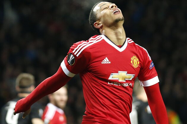 United’s Memphis Depay reacts during the Europa League round of 32 second leg soccer match between Manchester United and FC Midtjylland in Manchester, England, Thursday, Feb. 25, 2016 . (AP Photo/Jon Super)