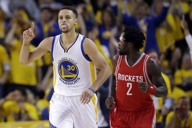 Golden State Warriors' Stephen Curry (30) during Game 1 of a first-round NBA basketball playoff series against the Houston Rockets Saturday, April 16, 2016, in Oakland, Calif. (AP Photo/Marcio Jose Sanchez)