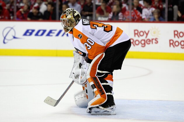 WASHINGTON, DC - APRIL 22: Goalie Michal Neuvirth #30 of the Philadelphia Flyers follows the puck in the third period of the Flyers 2-0 win over the Washington Capitals in Game Five of the Eastern Conference Quarterfinals during the 2016 NHL Stanley Cup Playoffs at Verizon Center on April 22, 2016 in Washington, DC.  (Photo by Rob Carr/Getty Images)