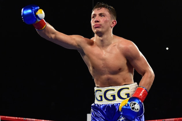 INGLEWOOD, CA - APRIL 23:  Gennady Golovkin of Kazakhstan celebrates a second round TKO of Dominic Wade during his unified middleweight title fight at The Forum on April 23, 2016 in Inglewood, California.  (Photo by Harry How/Getty Images)