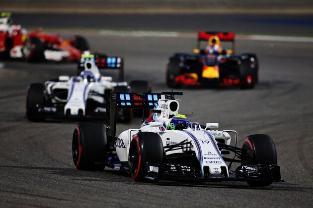 SAKHIR, BAHRAIN - APRIL 03: Felipe Massa of Brazil drives the (19) Williams Martini Racing Williams FW38 Mercedes PU106C Hybrid turbo on track ahead of Valtteri Bottas of Finland drives the (77) Williams Martini Racing Williams FW38 Mercedes PU106C Hybrid turbo during the Bahrain Formula One Grand Prix at Bahrain International Circuit on April 3, 2016 in Sakhir, Bahrain. (Photo by Lars Baron/Getty Images) SAKHIR, BAHRAIN - APRIL 03: Felipe Massa of Brazil drives the (19) Williams Martini Racing Williams FW38 Mercedes PU106C Hybrid turbo on track ahead of Valtteri Bottas of Finland drives the (77) Williams Martini Racing Williams FW38 Mercedes PU106C Hybrid turbo during the Bahrain Formula One Grand Prix at Bahrain International Circuit on April 3, 2016 in Sakhir, Bahrain. (Photo by Lars Baron/Getty Images)