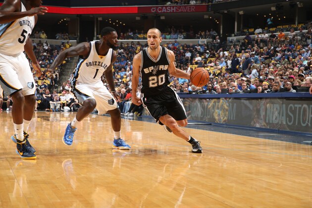 MEMPHIS, TN - APRIL 24:  Manu Ginobili #20 of the San Antonio Spurs handles the ball against the Memphis Grizzlies in Game Four of the Western Conference Quarterfinals during the 2016 NBA Playoffs on April 24, 2016 at FedExForum in Memphis, Tennessee. NOTE TO USER: User expressly acknowledges and agrees that, by downloading and or using this photograph, User is consenting to the terms and conditions of the Getty Images License Agreement. Mandatory Copyright Notice: Copyright 2016 NBAE (Photo by Joe Murphy/NBAE via Getty Images)