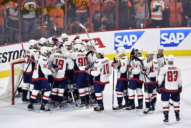 Apr 24, 2016; Philadelphia, PA, USA;  The Washington Capitals celebrate after defeating the Philadelphia Flyers in game six of the first round of the 2016 Stanley Cup Playoffs at Wells Fargo Center. The Capitals won 1-0. Mandatory Credit: Derik Hamilton-USA TODAY Sports