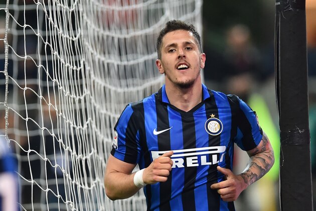 Inter Milan's midfielder from Montenegro Stevan Jovetic celebrates after scoring during the Italian Serie A football match Inter Milan vs Udinese at the 'San Siro' Stadium in Milan on April 23, 2016.  / AFP / GIUSEPPE CACACE        (Photo credit should read GIUSEPPE CACACE/AFP/Getty Images)