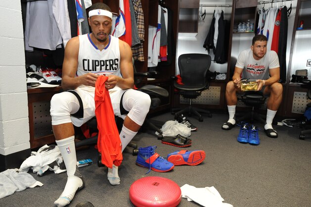 LOS ANGELES, CA - APRIL 17:  Paul Pierce #34 of the Los Angeles Clippers and Blake Griffin #32 of the Los Angeles Clippers prepare for Game One of the Western Conference Quarterfinals against the Portland Trail Blazers during the 2016 NBA Playoffs on April 17, 2016 at STAPLES Center in Los Angeles, California. NOTE TO USER: User expressly acknowledges and agrees that, by downloading and/or using this Photograph, user is consenting to the terms and conditions of the Getty Images License Agreement. Mandatory Copyright Notice: Copyright 2016 NBAE (Photo by Andrew D. Bernstein/NBAE via Getty Images)