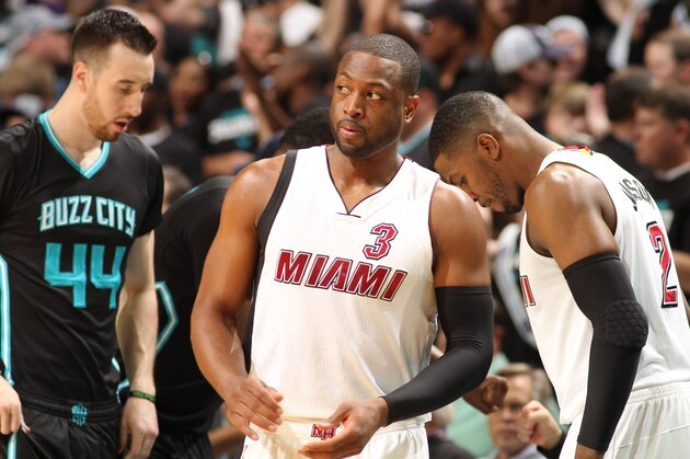CHARLOTTE, NC  - APRIL 23: Dwyane Wade #3 of the Miami Heat before the game against the Charlotte Hornets during Game Three of the Eastern Conference Quarterfinals during the 2016 NBA Playoffs on April 23, 2016 at Time Warner Cable Arena in Charlotte, North Carolina. NOTE TO USER: User expressly acknowledges and agrees that, by downloading and or using this Photograph, user is consenting to the terms and conditions of the Getty Images License Agreement. Mandatory Copyright Notice: Copyright 2016 NBAE (Photo by Brock Williams-Smith/NBAE via Getty Images)