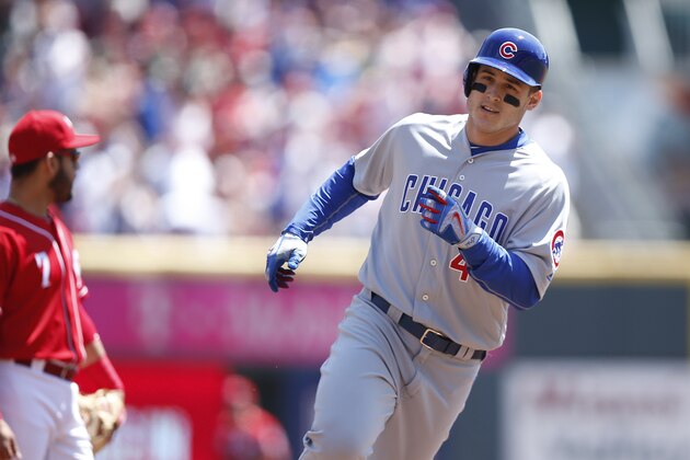 CINCINNATI, OH - APRIL 24: Anthony Rizzo #44 of the Chicago Cubs rounds the bases after hitting a two-run home run against the Cincinnati Reds in the first inning of the game at Great American Ball Park on April 24, 2016 in Cincinnati, Ohio. The Cubs defeated the Reds 9-0. (Photo by Joe Robbins/Getty Images)
