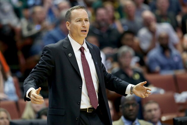 ANAHEIM, CA - MARCH 24:  Head coach Billy Kennedy of the Texas A&M Aggies cheers on his team in the second half while taking on the Oklahoma Sooners in the 2016 NCAA Men's Basketball Tournament West Regional at the Honda Center on March 24, 2016 in Anaheim, California.  (Photo by Sean M. Haffey/Getty Images)